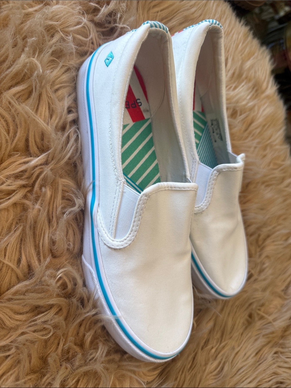 Sperry White Slip-On Canvas Shoes with Teal Accents